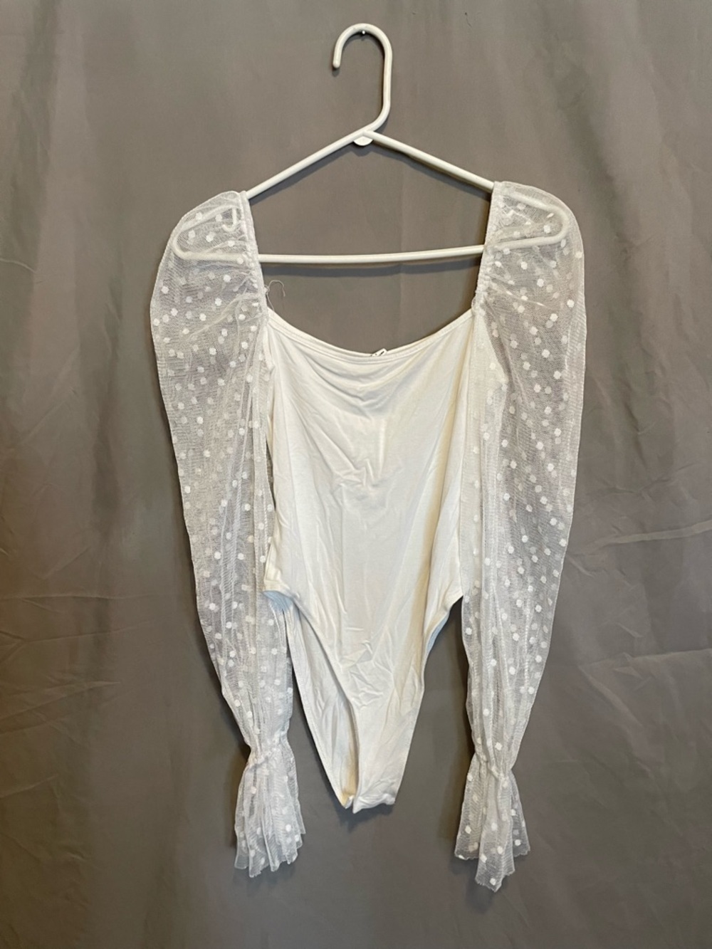 White Polka Dot Mesh Sleeve Bodysuit sheer lace bell sleeves white bridal fancy